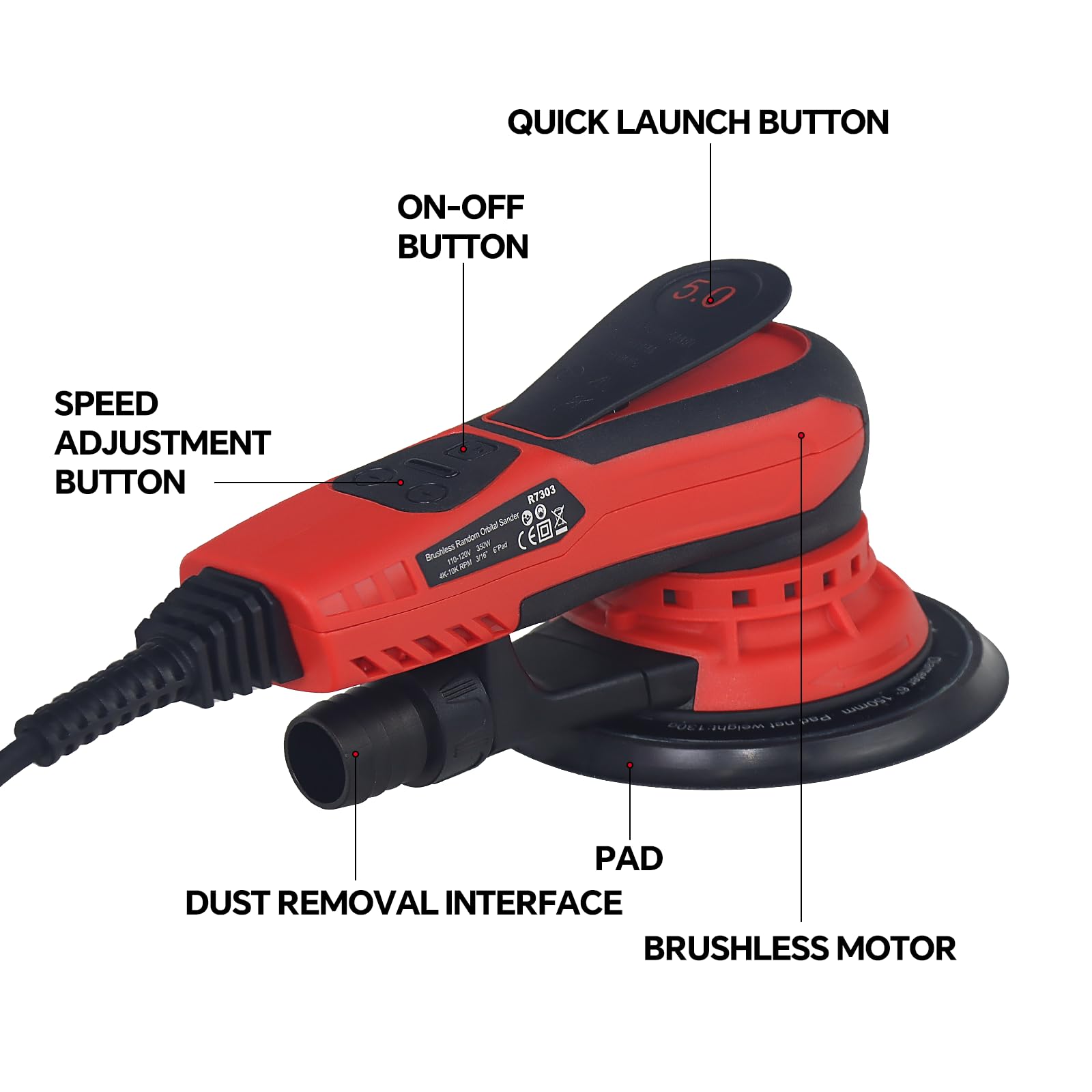 Ponceuse Excentrique Électrique 150mm, 350W Ponceuse Orbitale 5 mm à Faibles Vibrations avec 6 Vitesses jusqu'à 10 000 tr/min, 10 Disques Abrasifs, pour Bois Métal Carrosserie