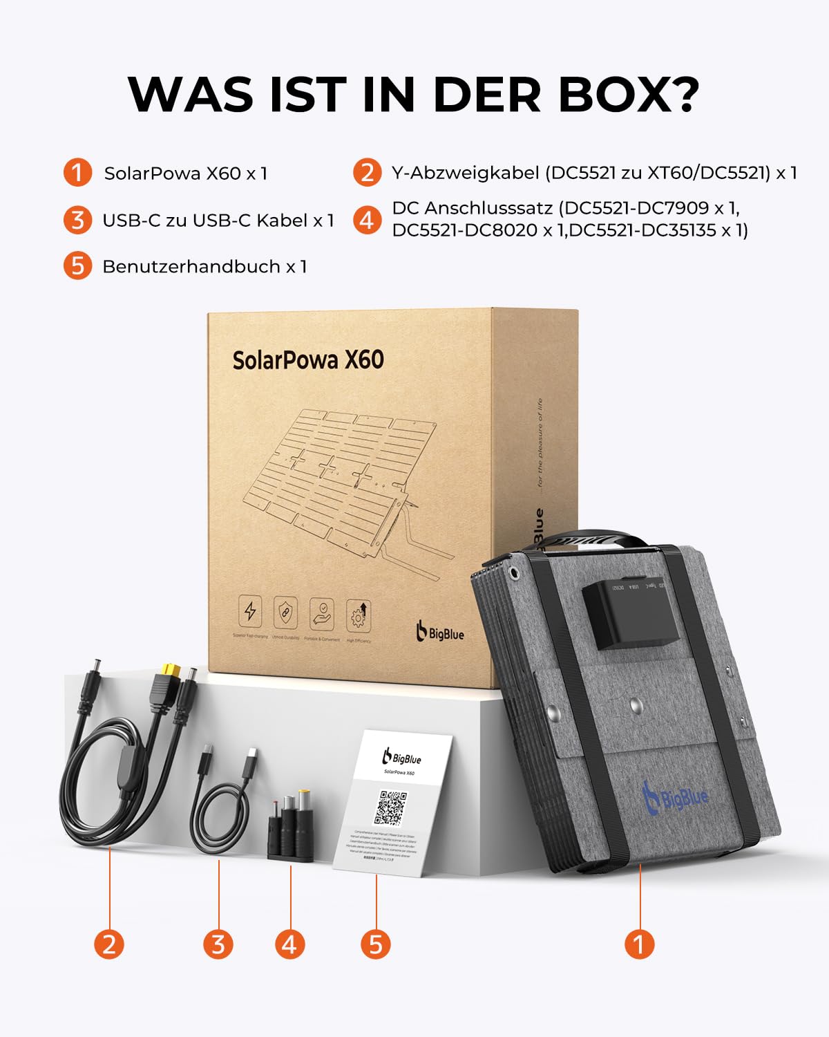 BigBlue 60W Faltbares Solarladegerät, Tragbares ETFE-Solarpanel QC3.0+PD45W+22,2V DC-Ausgang【IP68 Wasserdicht&Winkelständer】für Notstromversorgung Camping Kompatibel mit Smartphone-Tablet-Stromstation