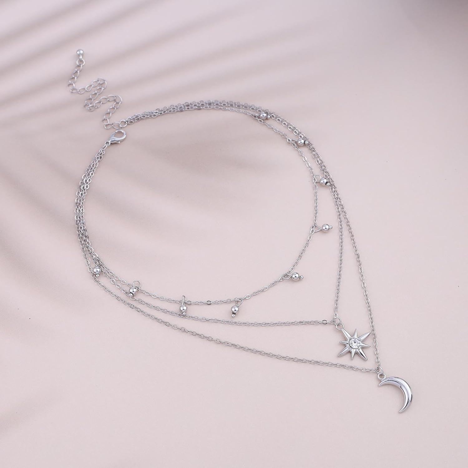 Multi Layered Chain Necklace Boho Moon Pendant Necklace Gold Crystal Starburst Choker Necklace Vintage Station Ball Necklace Jewelry for Women - Image 3