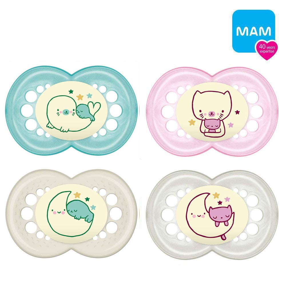 MAMOriginal Night Dummy / Skin Soft Silicone / Girl Pearl Exotic // Dummy 6-16 // Set of 4 // Includes 2 Sterilised Transport Boxes