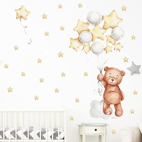 Miniatura 2 de Bonito oso con globos y estrellas, decoración de habitación del bebé, calcomanías de pared de vinilo para niños, niñas, dormitorio, guardería, aula,