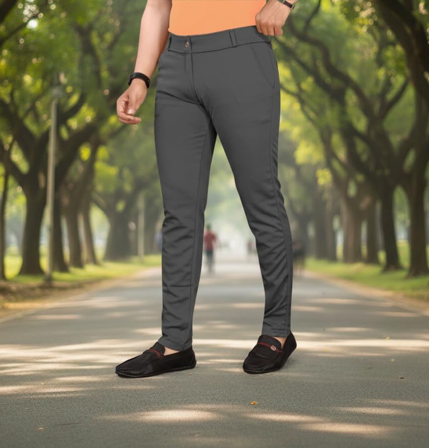 Image of Men's Classic Track Pants, Slim Fit, Lycra Blend Stretchable Business Casual Dress Pants, 4 Pockets, Button and Zipper Closure