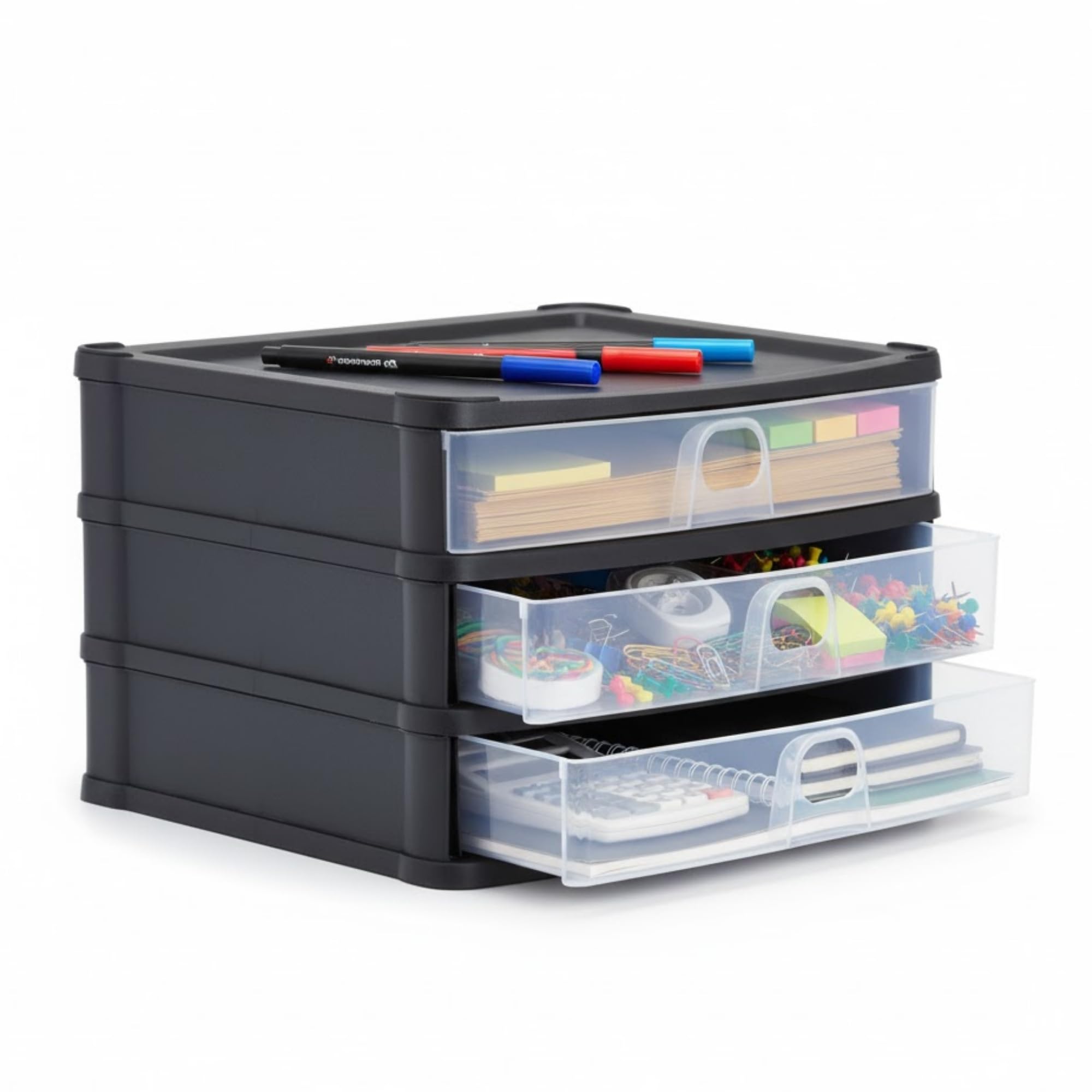 AOC24 Plastic A4 Drawer Unit – Medium 3 Shallow Drawers, Slimline Desktop Storage Tower, Tabletop Organiser for Papers & Stationery, Space-Saving Storage Drawer for Home Office – Black/Clear