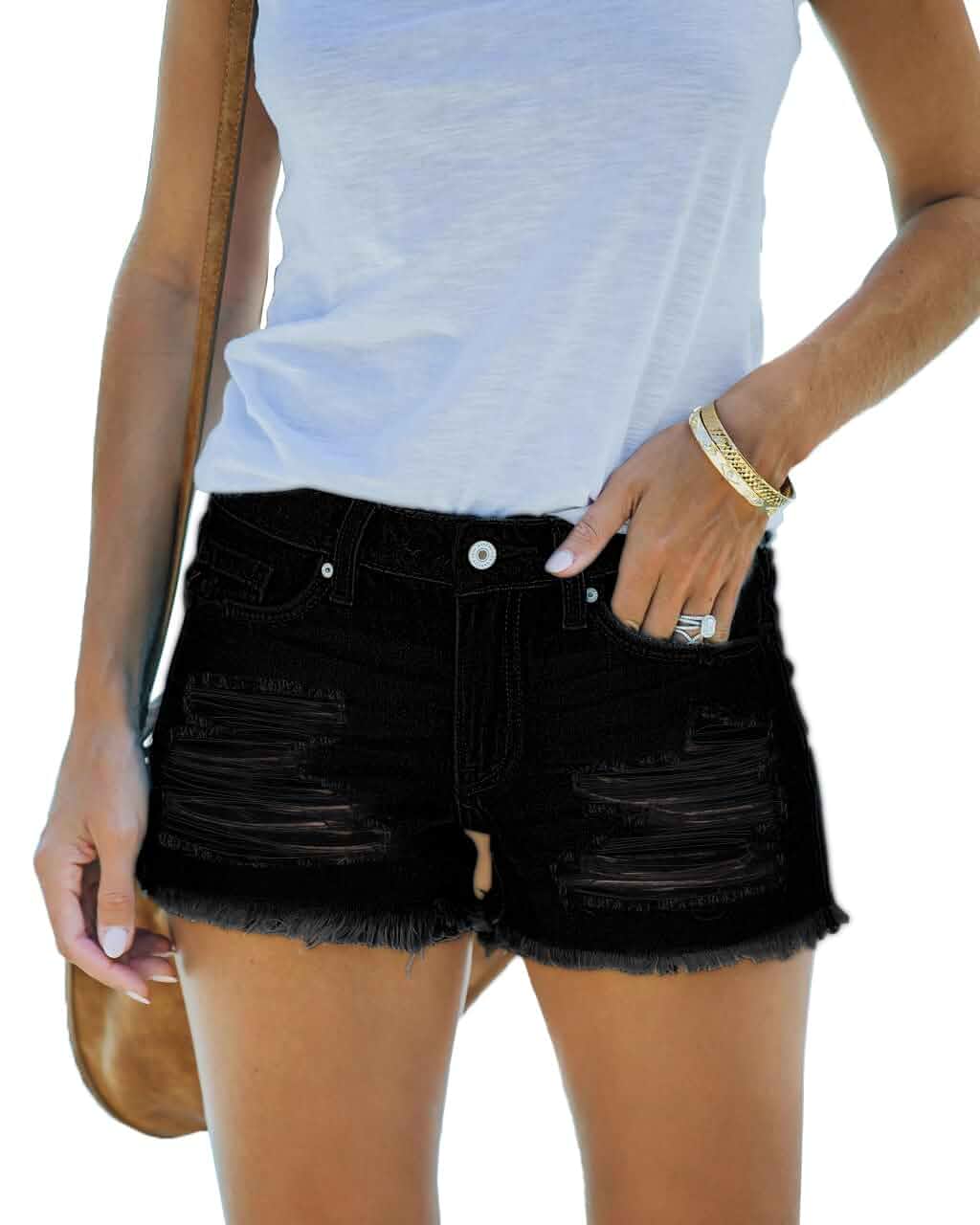 Jean Shorts Womens Mid Rise Stretchy Frayed Raw Hem Denim Shorts Women's Jean Shorts Casual,Stretch,Breathable,Ripped Distressed,Trendy Cute,Beach Vacation Summer Shorts,Daily Wear