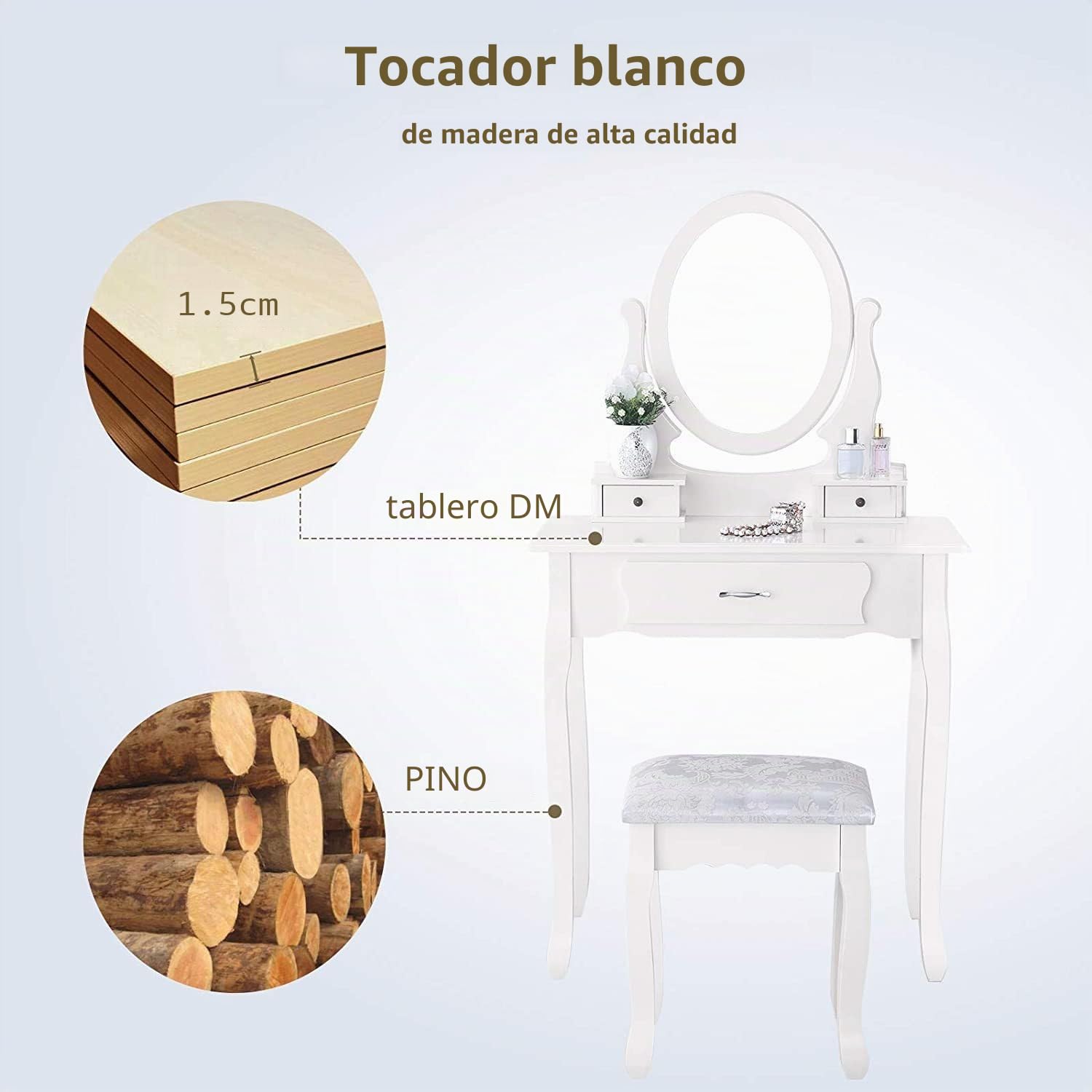 Mesa de tocador de maquillaje con espejo, juego de tocador blanco con taburete acolchado suave, 3 cajones de almacenamiento, tocador de dormitorio, mesa de maquillaje con taburete acolchado
