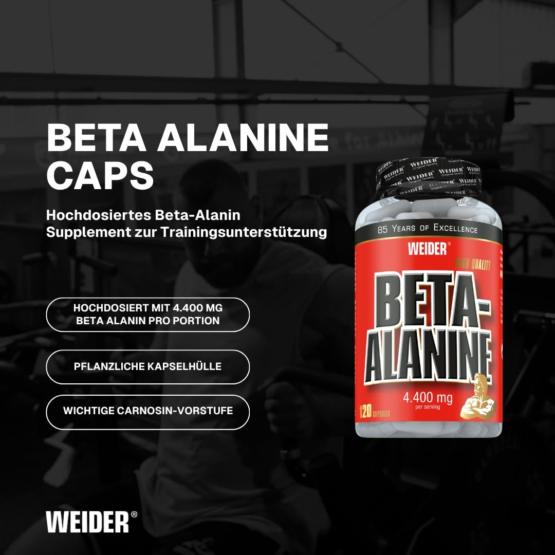 Weider - Beta Alanine - Hochdosierte Carnosin-Vorstufe für mehr Power im Training - Pre-Workout, Booster für Ausdauer und Krafttraining - 120 Kapseln