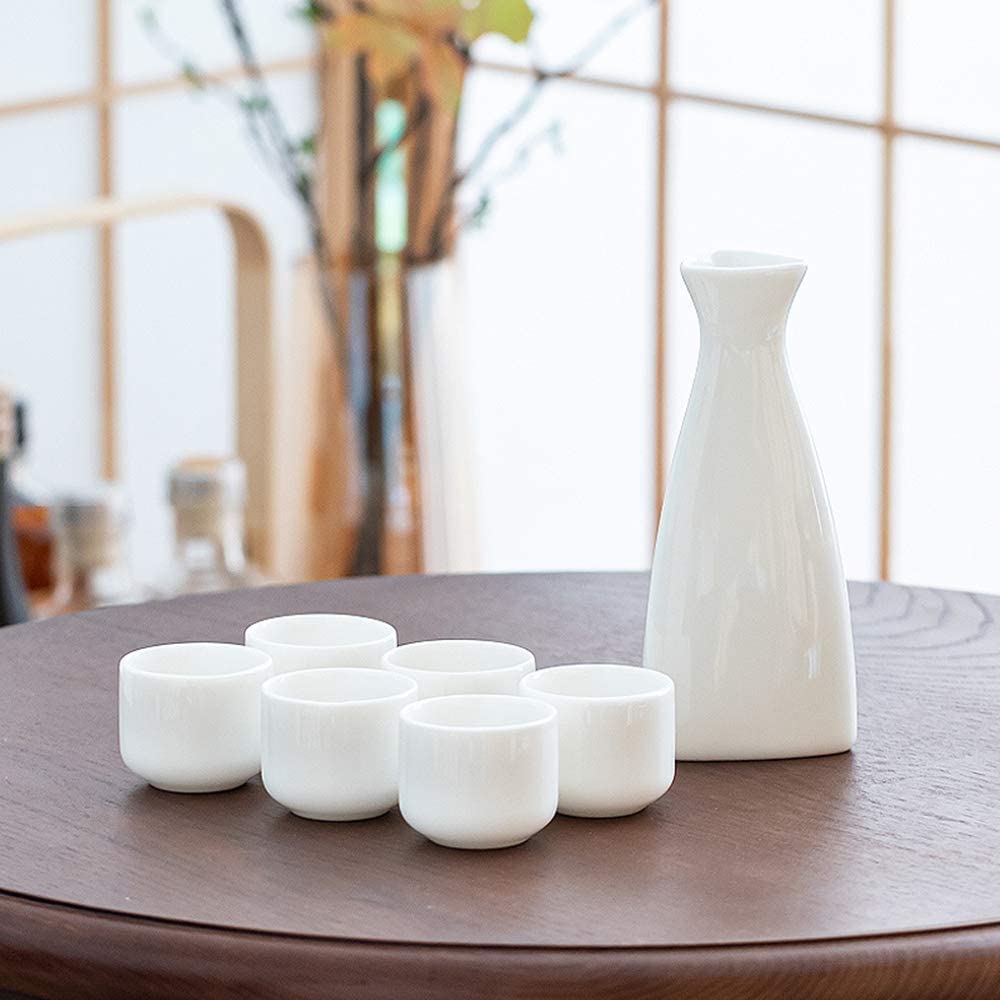 Tasse à saké Traditionnelle, Verres à vin en céramique, Service à saké Blanc Traditionnel en céramique, 7 pièces, Comprenant 1 Pot et 6 Petites Tasses à saké (Blanc Pur)
