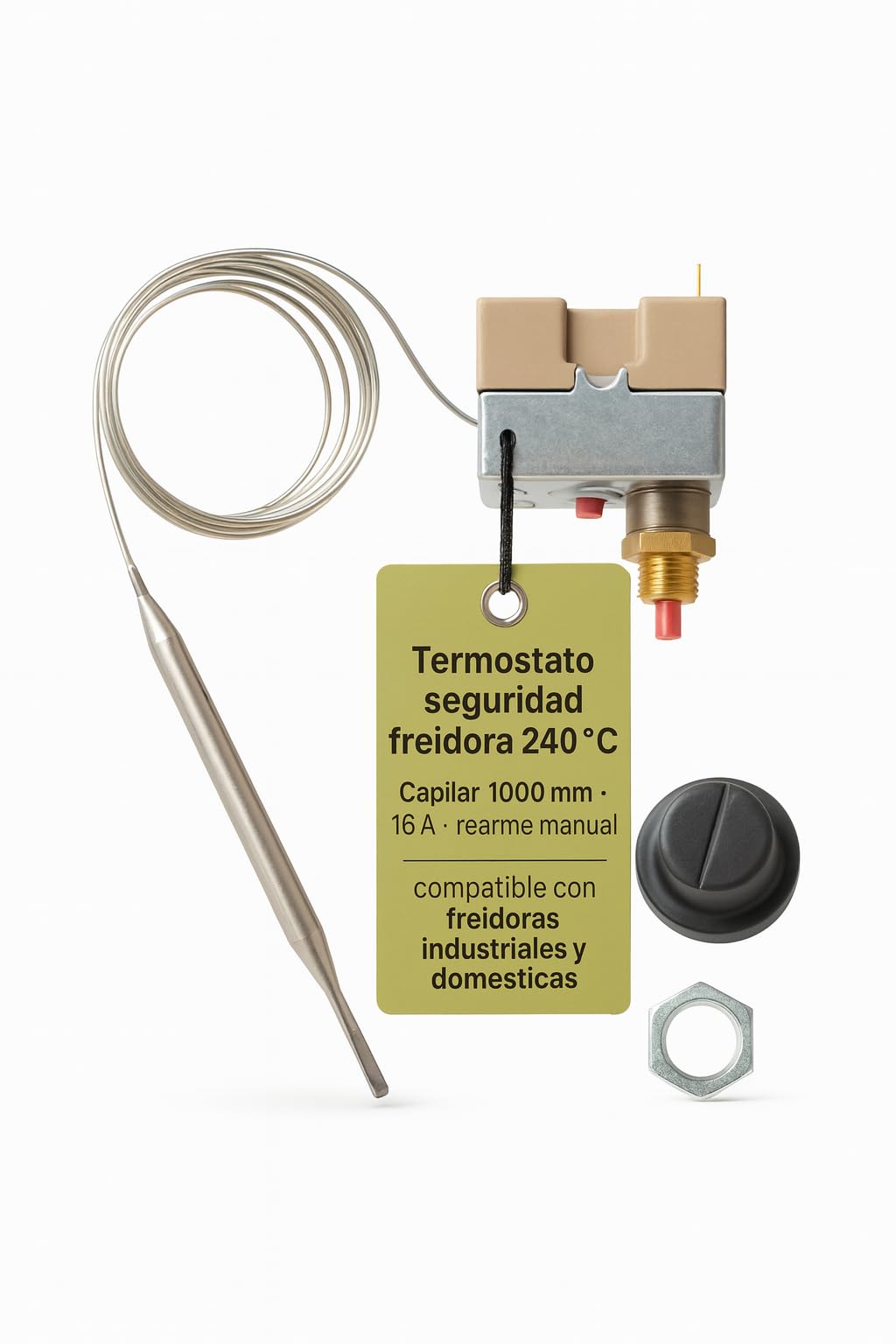 CubetasGastronorm Thermostat de sécurité friteuse 240° Capillaire 1000 mm avec REARME 16 A capillaire 1000 mm Protection contre la surchauffe Précision Haute résistance Friteuses industrielles et