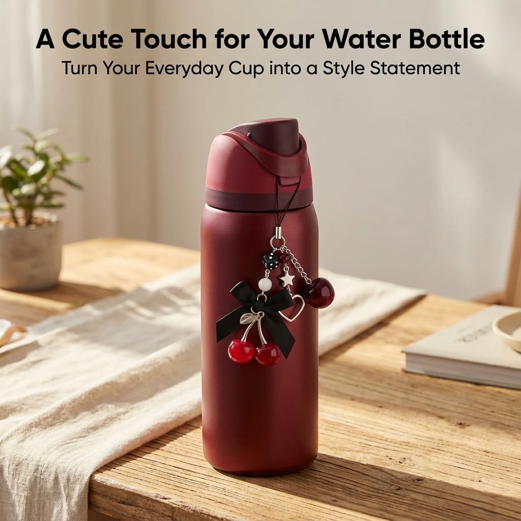 Black Cherry for Owala Water Bottle 16oz, 19oz, 24 oz, 32 oz, 40 oz, Black Red Cherry with Cute Cherries and Bow Pendant - Perfect Accessories for Owala Tumbler | for Owala FreeSip, Decor Gift