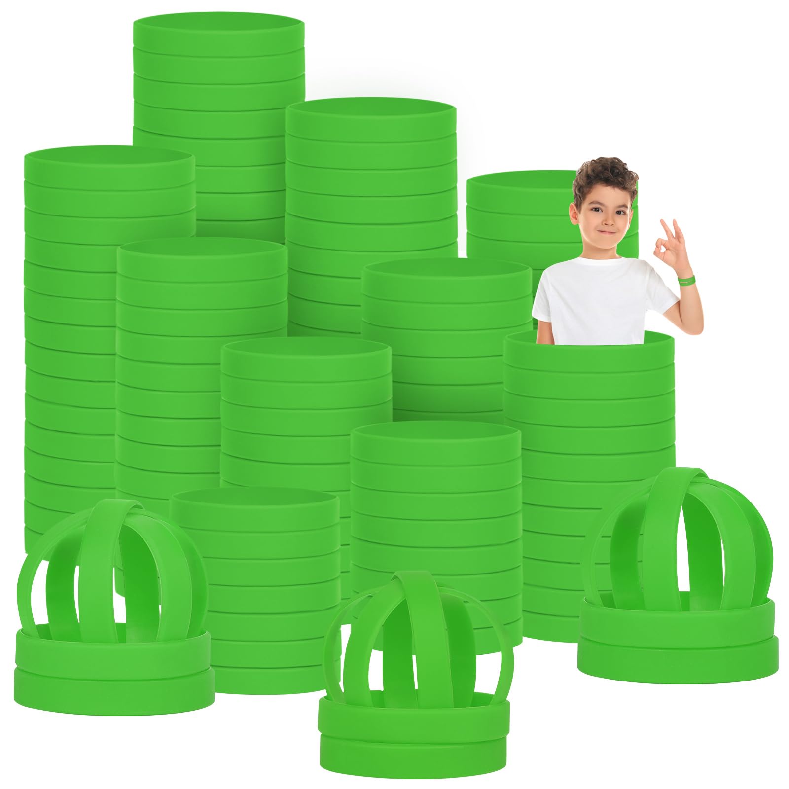 LVNRIDS 200 PCS Silicone Wristbands Rubber Bracelets for Kid, 6.3 inch Green Silicone Wrist Bands for Business School Activity Party Events Music Festival