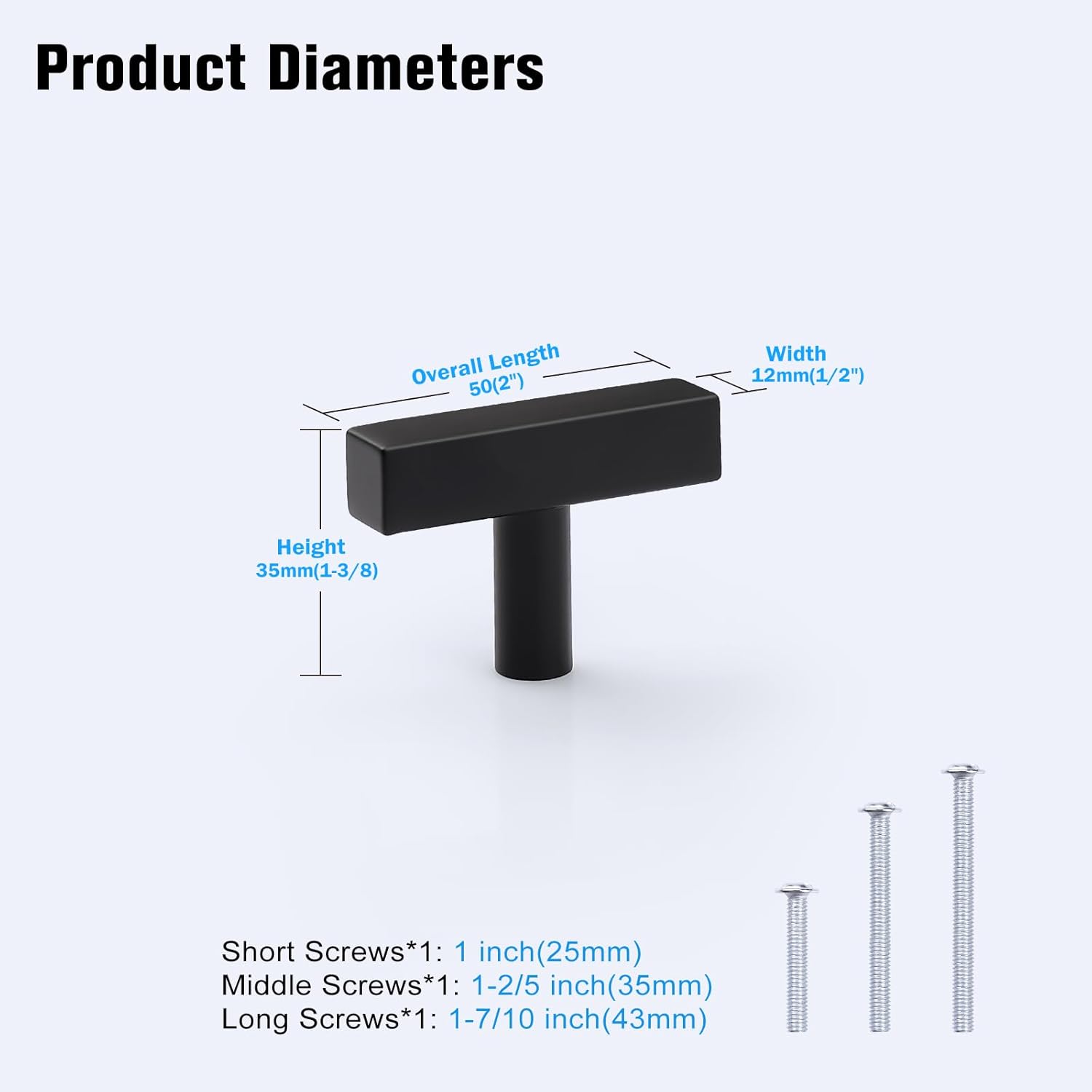 KNOBWELL 20 Pack 2" Black Cabinet Knobs Single Hole Drawer Dresser Knob Stainless Steel, T Bar Kitchen Black Bathroom Knobs for Cabinet Door Knob Vanity Pulls