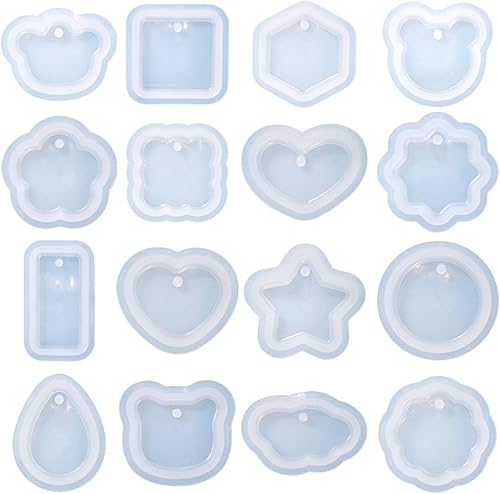 Miniatura 5 de Moldes de silicona para colgantes, 16 piezas, variedad de moldes geométricos con agujero para colgar, molde de resina UV para joyería, moldes para