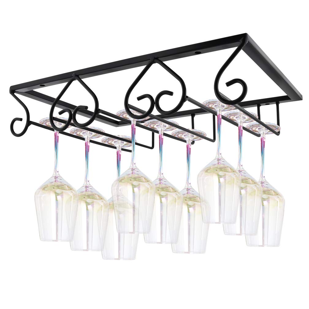 MOCOUM Wine Glasses Rack Under Cabinet Stemware Rack, Wine Glass Hanger Rack Wire Wine Glass Holder Storage Hanger for Cabinet Kitchen Bar (Black, 3 Rows 1 Pack)