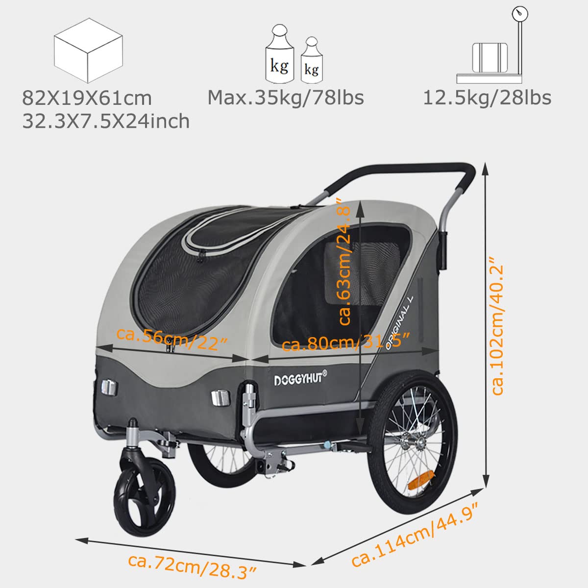 Doggyhut Original L Remorque de Velo 2 en 1 Grande Poussette remorque vélo pour Chiens de Taille Moyenne et Grande Chiens