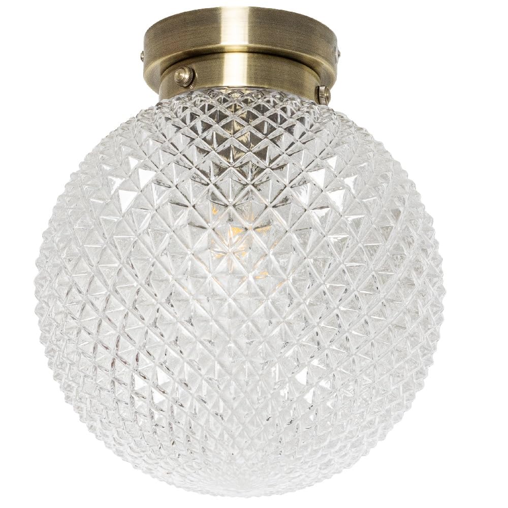 Britalia Flush Ceiling Light, 20cm, Antique Brass, Glass Shade, Vintage, IP44 for Indoor and Outdoor Use