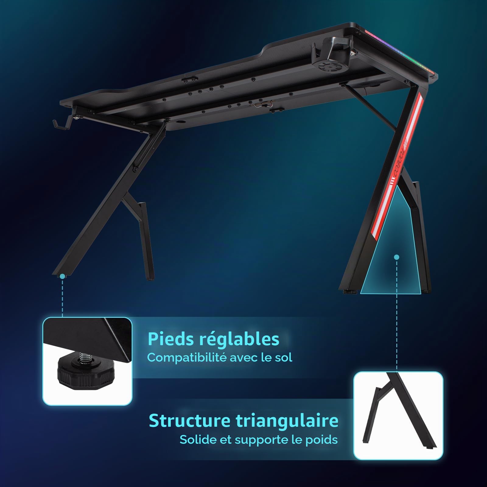 Todeco Bureau Gaming LED, Grand Bureau Gamer, 140 × 60 cm