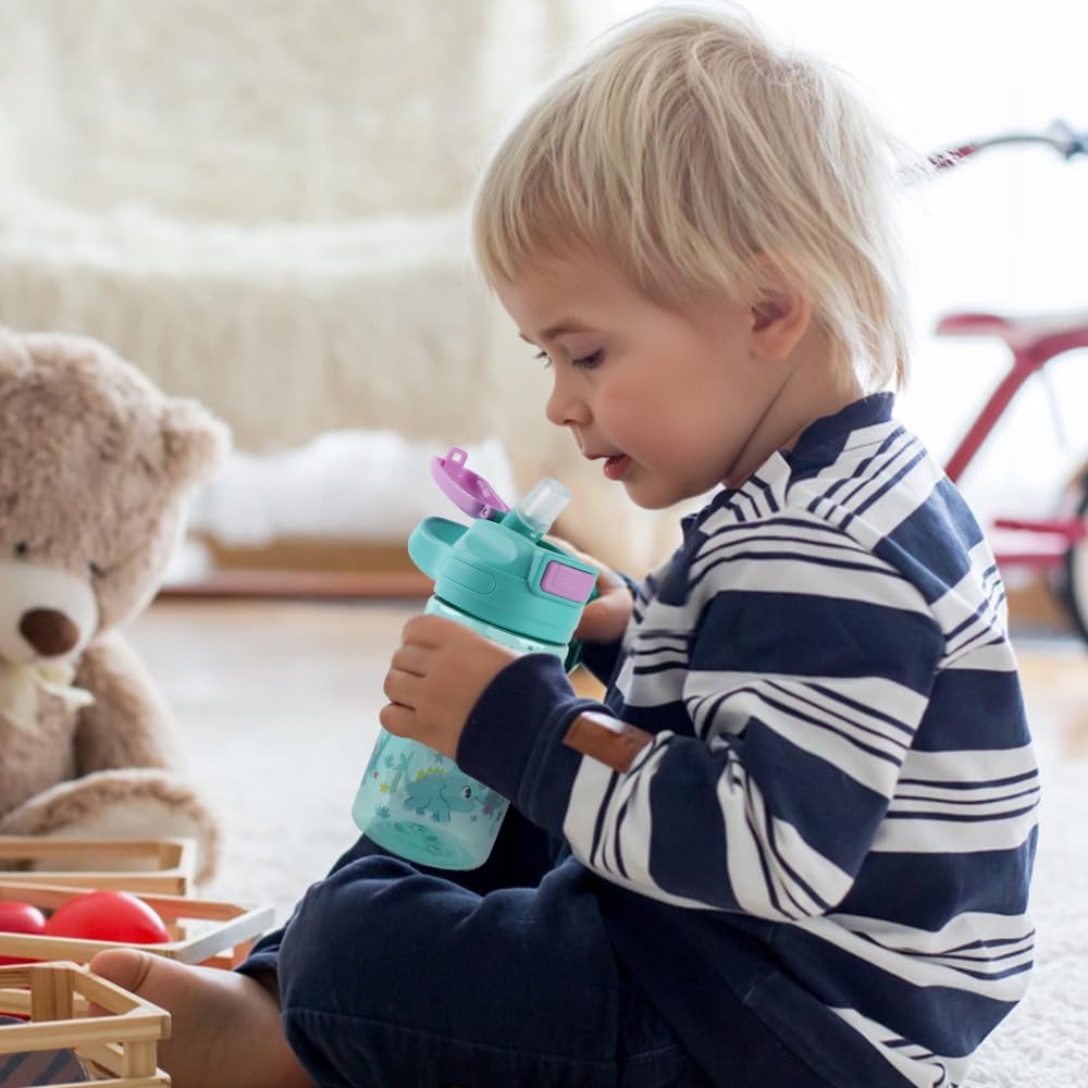 Gourde Enfant, 400ml, Robuste, Incassable, Anti Fuite, Sans BPA, Ouverture par Simple Pression, Facile à Nettoyer, avec Paille, Idéale pour l'École et l'Extérieur (Dinosaure) - 5