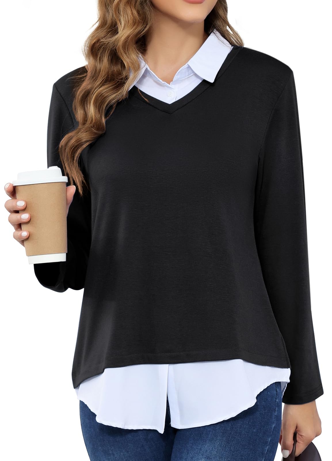 MISS FORTUNE Womens V-Neck Fall Winter Sweater Collar 2 in 1 Casual Long Sleeve Patchwork Office Pullover Shirts