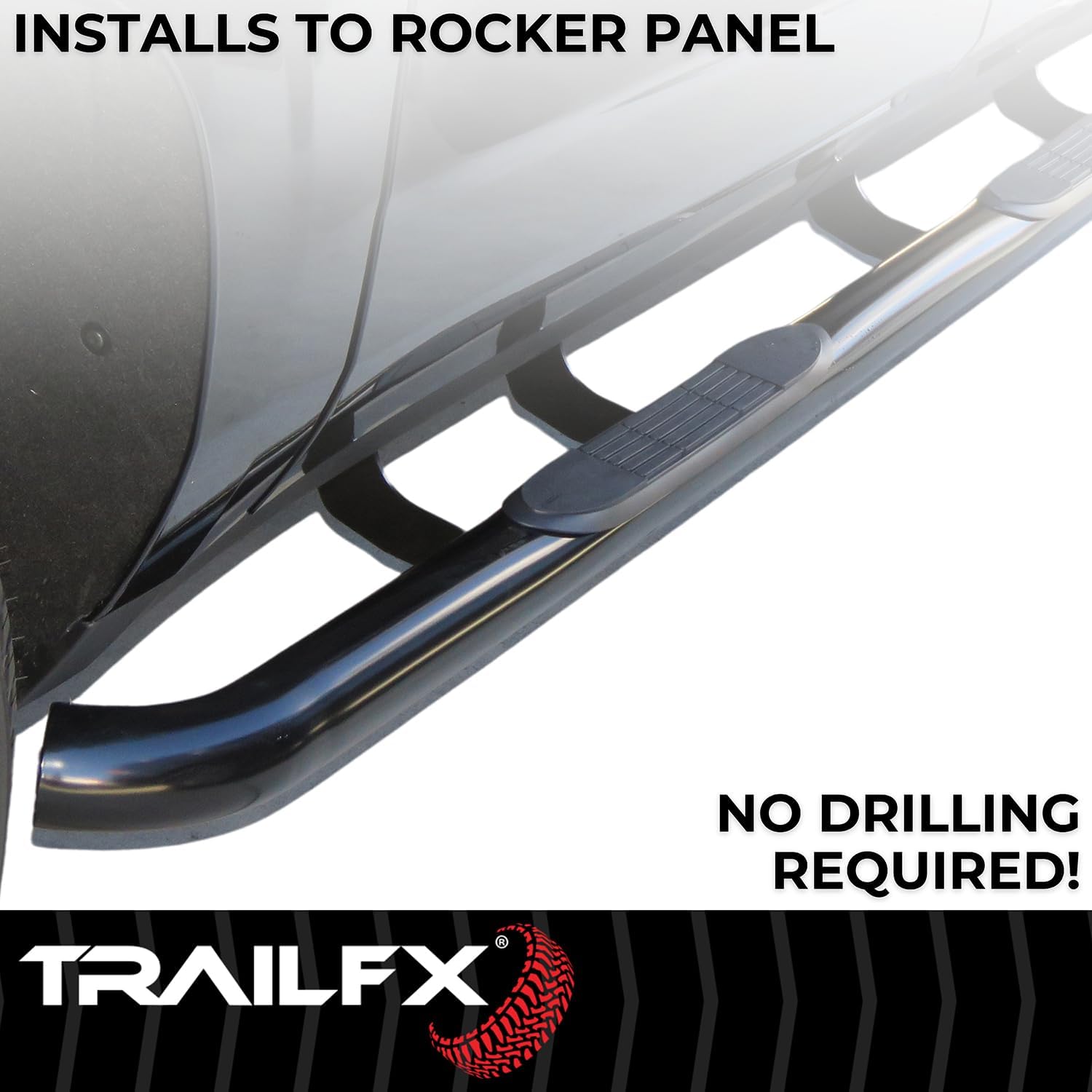 TrailFX Nerf Bar A0069T, 3 Inch Round Bent, Black Powder Coated, with Step Pads, W/O End Caps, Rocker Panel Mount, Fits 2025 Toyota 4Runner (Will Not Fit Models with Lower Rocker Panel Extensions)