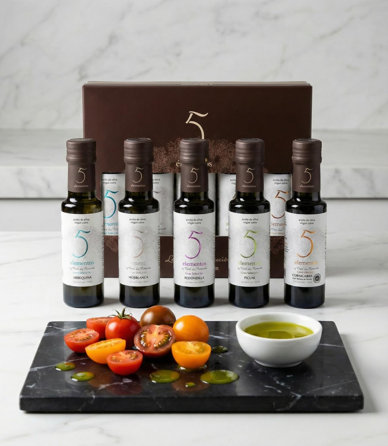 Aceite de Oliva Virgen Extra Gran Selección 5 Elementos Estuche Premium Degustación 5 Variedades Picual Arbequina Cornicabra Hojiblanca Redondilla Set Regalo Gourmet 5x100ml