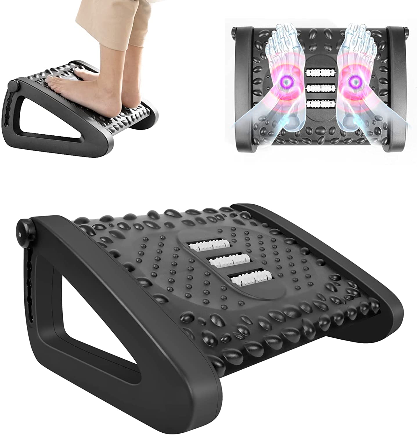 Moonmen Adjustable Under Desk Foot Rest - Oversized Massage Particles & Roller; 6 Height Positions, Non-Slip Legs; Ergonomic for Home & Office (style_3)