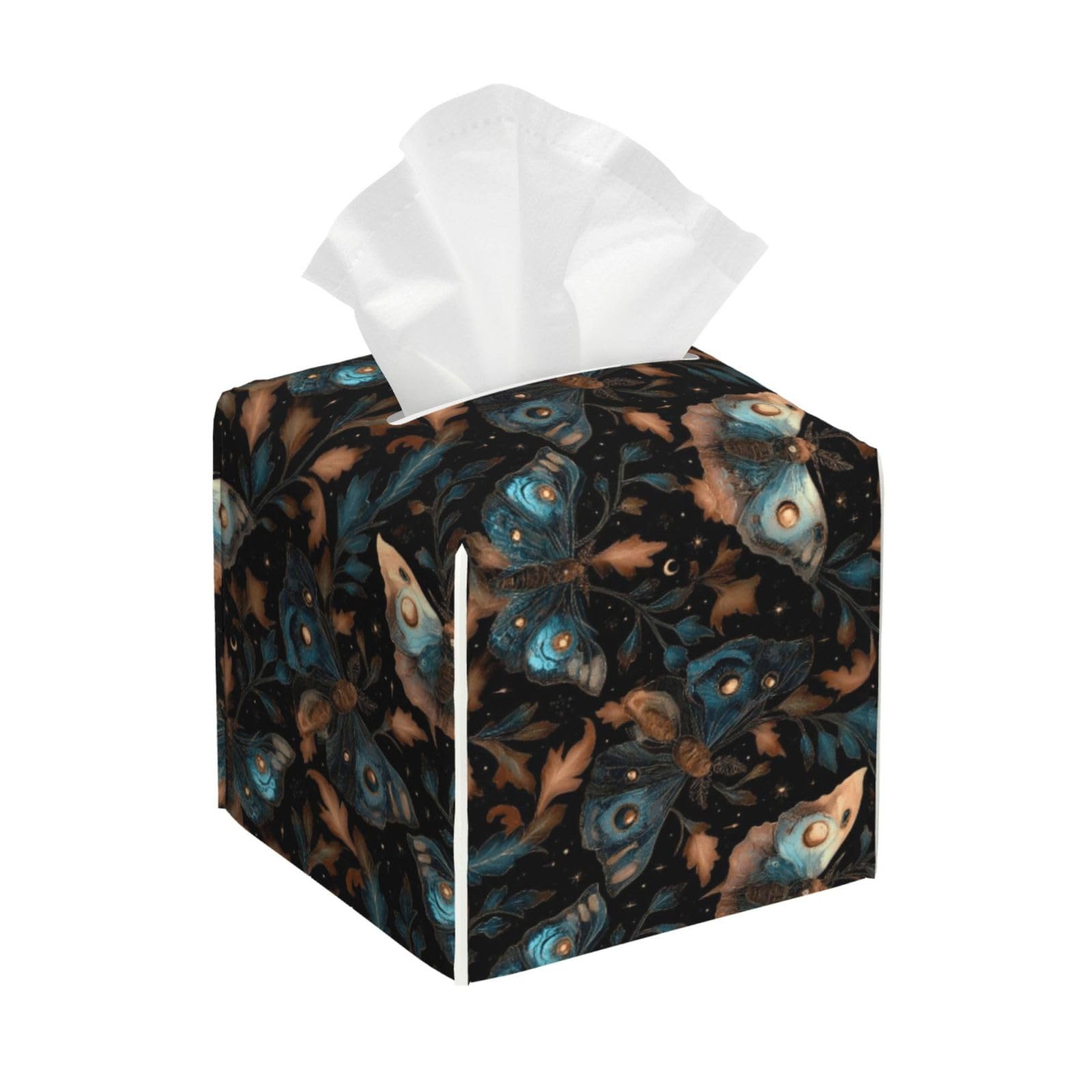 Elegant Leaf Butterfly Print Tissue Box Cover Holder Square, Foldable Modern Cube Tissue Box Cover, Leather Decorative Organizer for Tabletop Bathroom Car Office Desk Decor