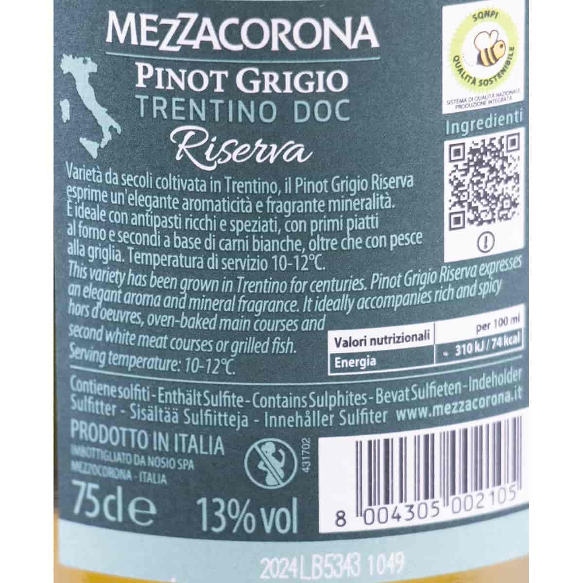 Pinot Grigio Riserva DOC 2024 - Mezzacorona - 6×0,75 L | Fruchtige Zitrusnoten; feine Mineralität; elegante Struktur; sanfter Schmelz; klarer Trinkfluss; vielseitiger Speisebegleiter