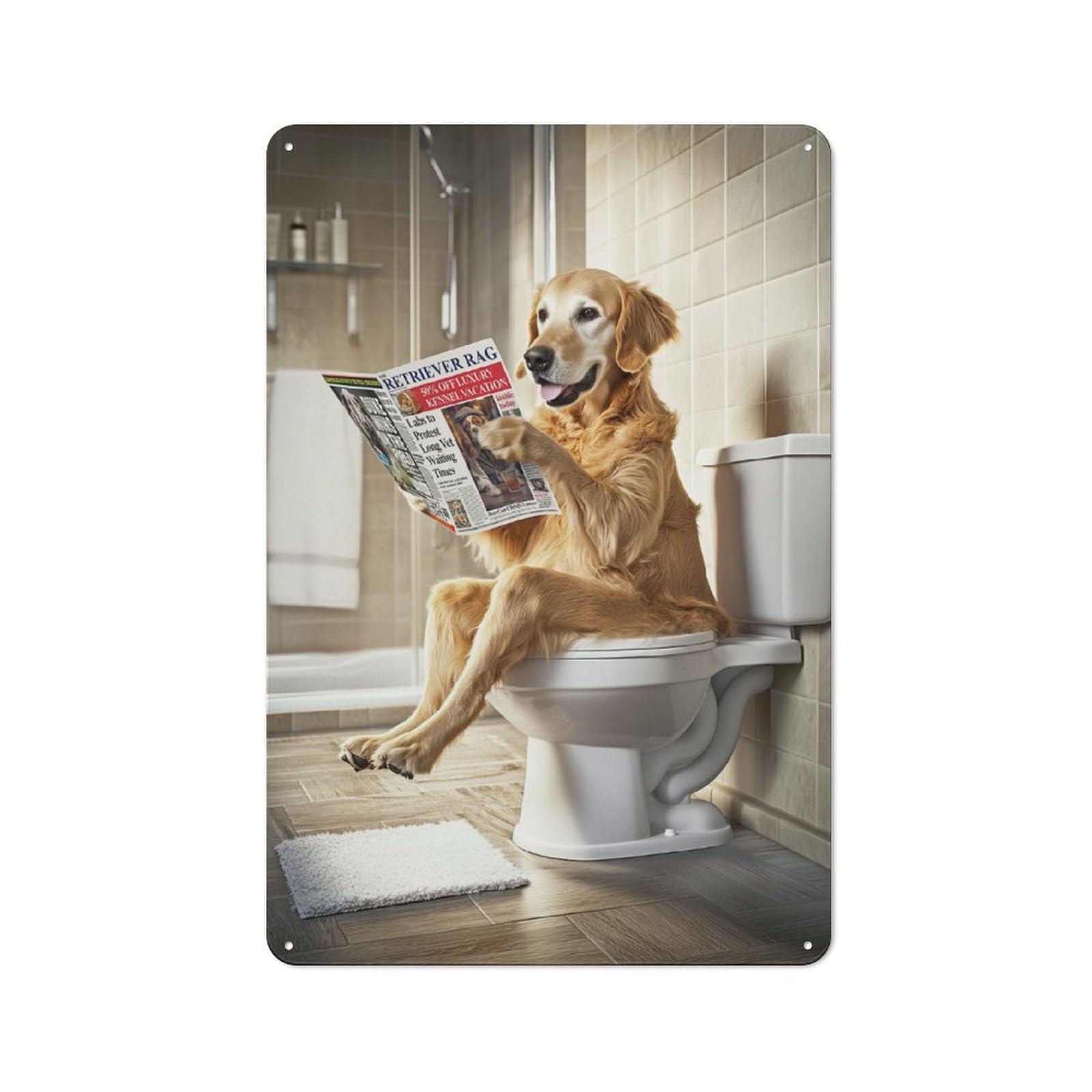 Junmoney Golden Retriever On Toilet Retro-Style Metal Plaque 30X20cm For Garage Or Workshop, For Garage, Workshop And Man Cave Decoration