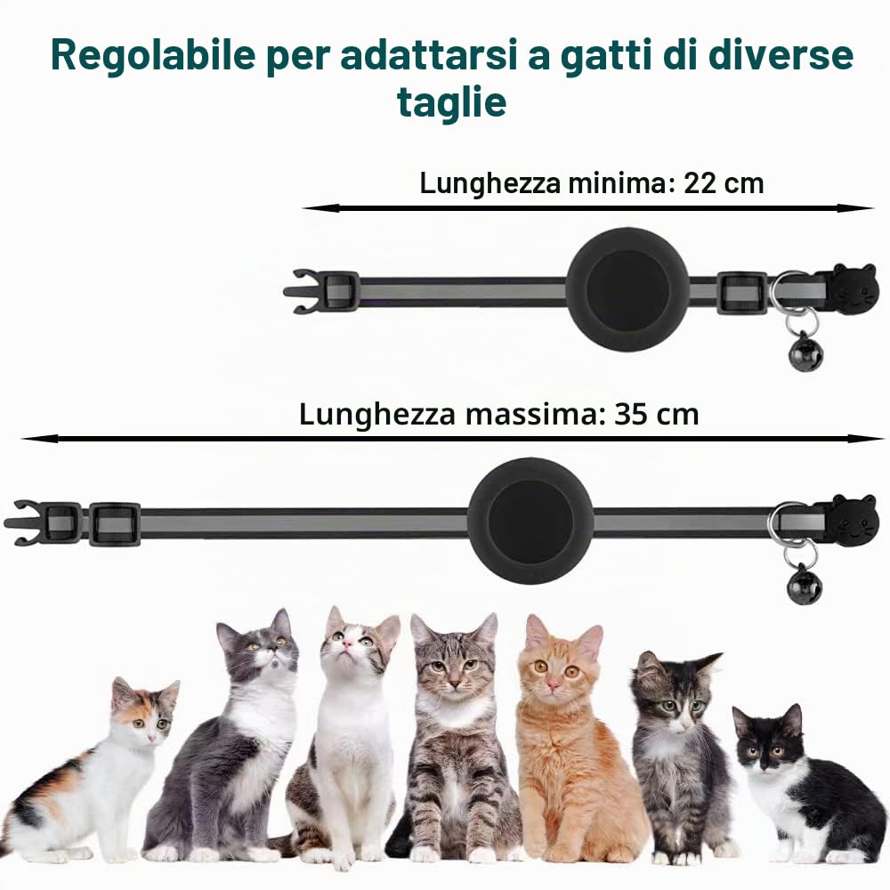 Collare Gatto Airtag, Collare Riflettente Antistrozzo per Gatti con Custodia Protettiva Air Tag (GPS AirTag Non Incluso) e Campanellino, Adatto a Gatti di Tutte Le Taglie(Nero)