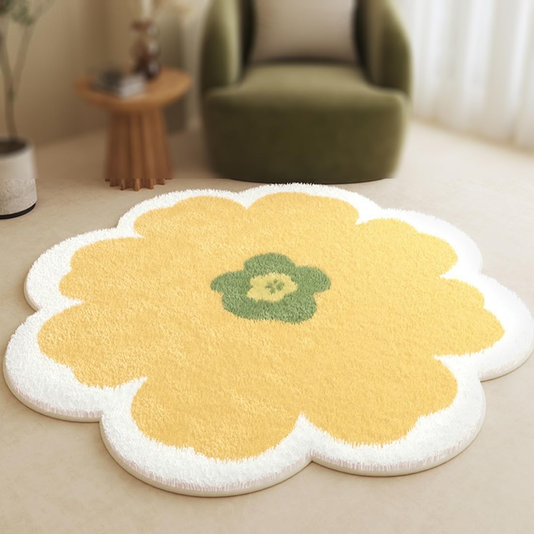 Tapis à fleurs doux en fausse laine jaune facile à laver
