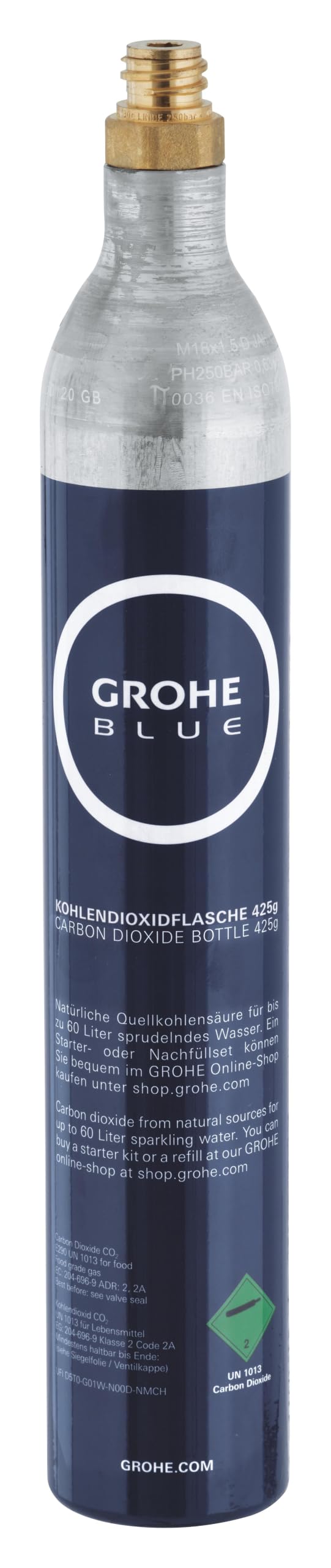 GROHE Blue, pack 4 botellas CO2 de 425g para hasta 60 l de agua con gas (Calidad alimentaria, compatible con gasificadores comunes con conexión estándar, uso universal y fácil sustitución), 40422000