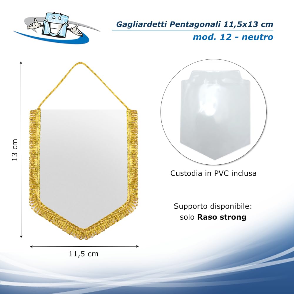 Gagliardetti Neutri o Personalizzati – Confezione 20 o 50 pz. – Forme Triangolare 14x17 cm, Pentagonale 11,5x13 cm, Scudo 10,5x14 cm – Raso Strong/Eco – Frangia Oro o Argento