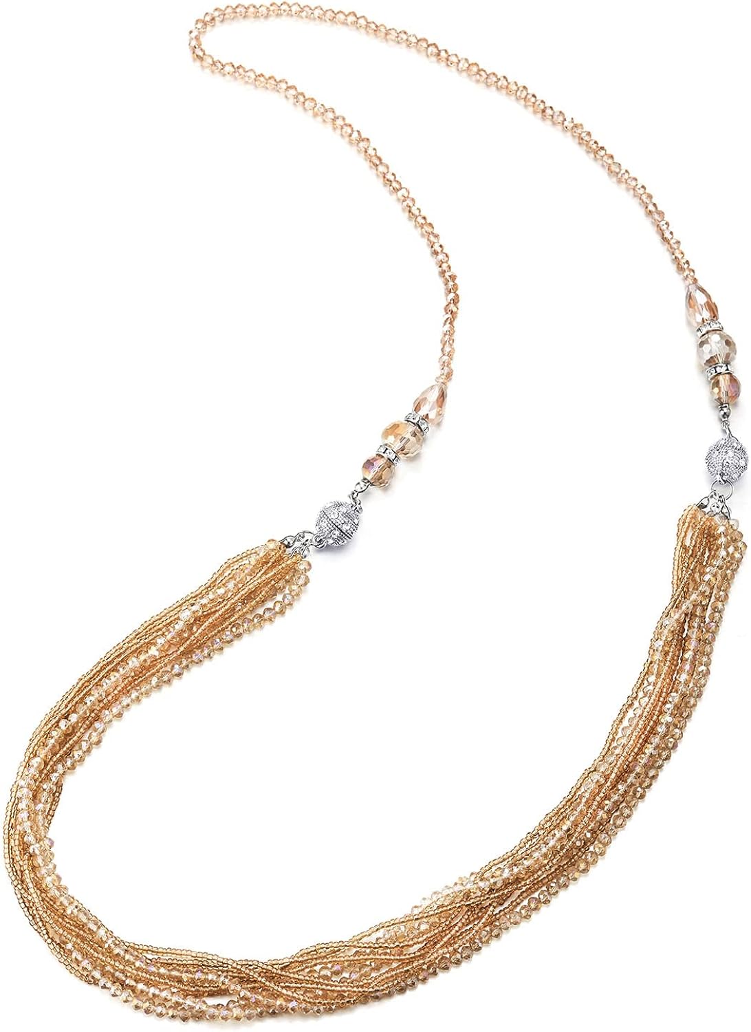 COOLSTEELANDBEYOND Necklace MultiStrand Champagne Gold Crystal Bead Chain