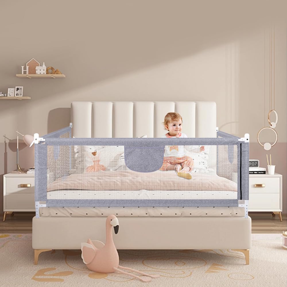 1st Bed Rail, Barriera del letto per bambini pieghevole, 18 Mesi-5 anni, Barriera di sicurezza per bambini, regolabile in altezza, facile da installare (A,200 cm, grigio)