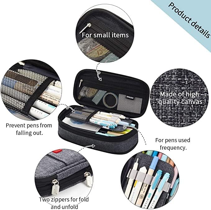 Image of FineMoe Large Pencil Case Stationery Items for Girls and Boys, Canvas Bags Pen Pencil Pouch for School College and Office, Organize Makeup Cosmetic, Aesthetic Cute Stationary Box for Daily Use (Black)