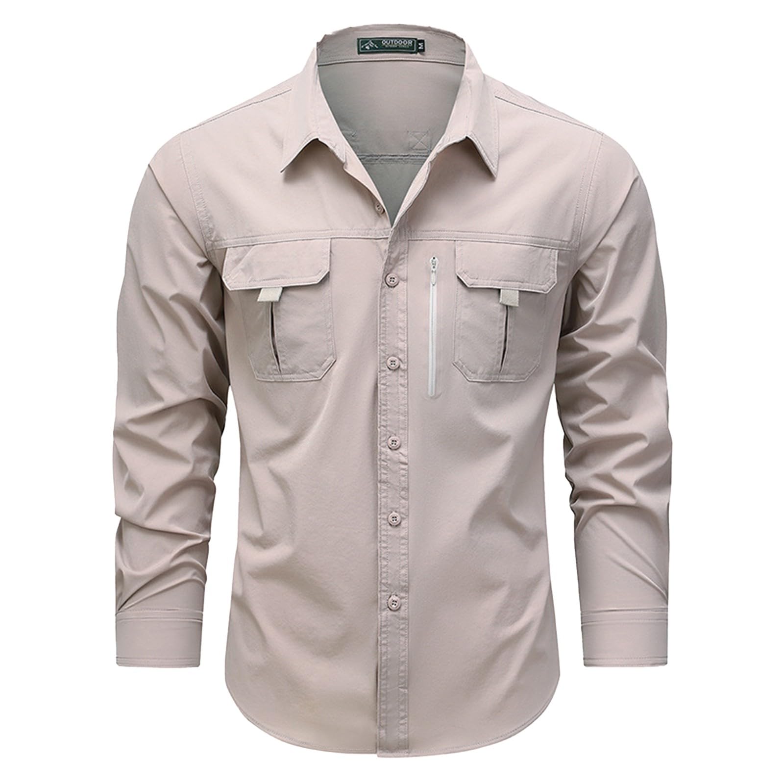 Camicia Uomo Manica Lunga Abbottonata con Protezione Solare, Tessuto Leggero con Tasche, Ideale per Pesca, Escursioni e Viaggi all’Aperto(1B-Light Ashy, L)