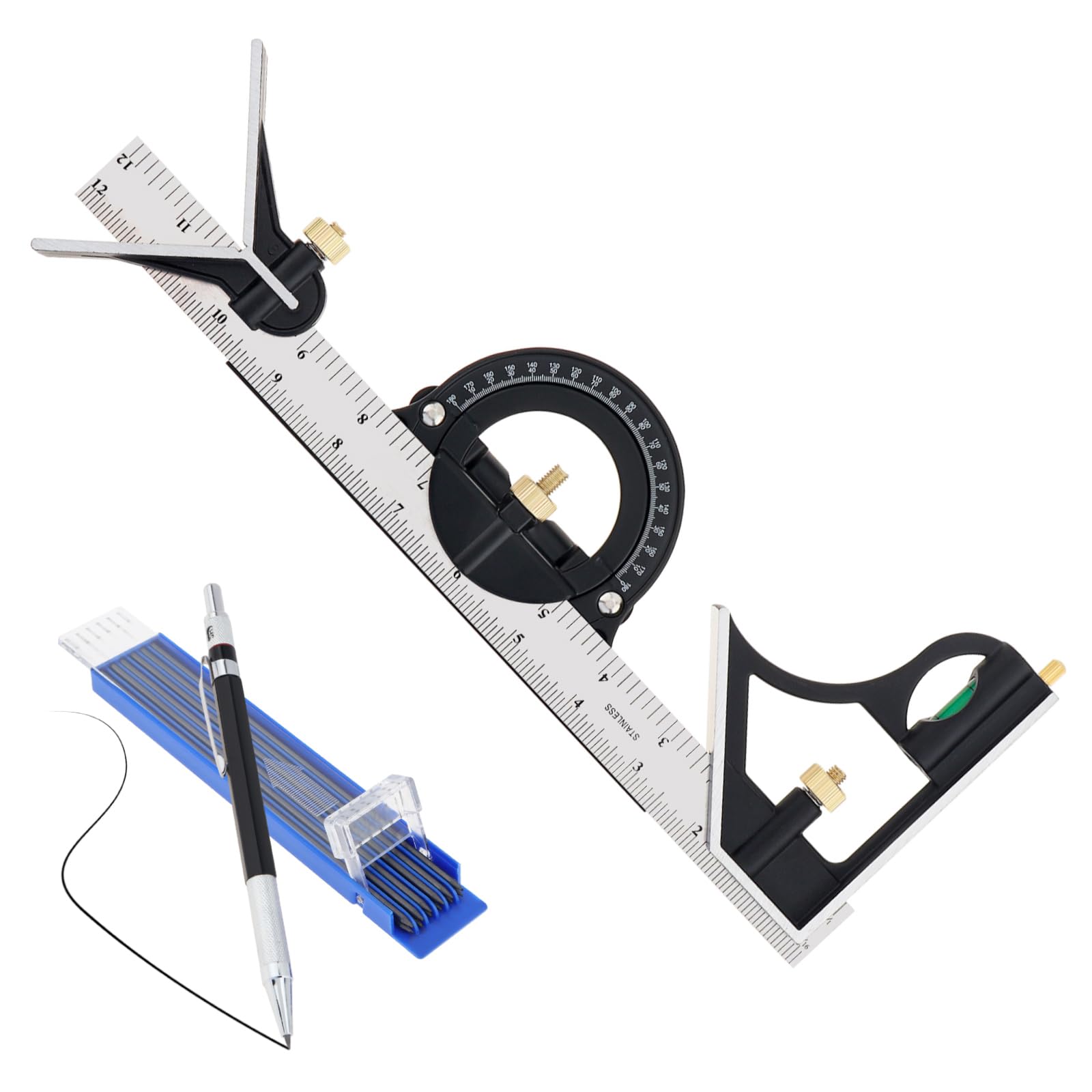 300mm Stainless Steel Multifunction Square Ruler for Woodworking Construction Drawing with Carpenter Pencils Refills 90 Degree Adjustable and Slide Angle Ruler Kit