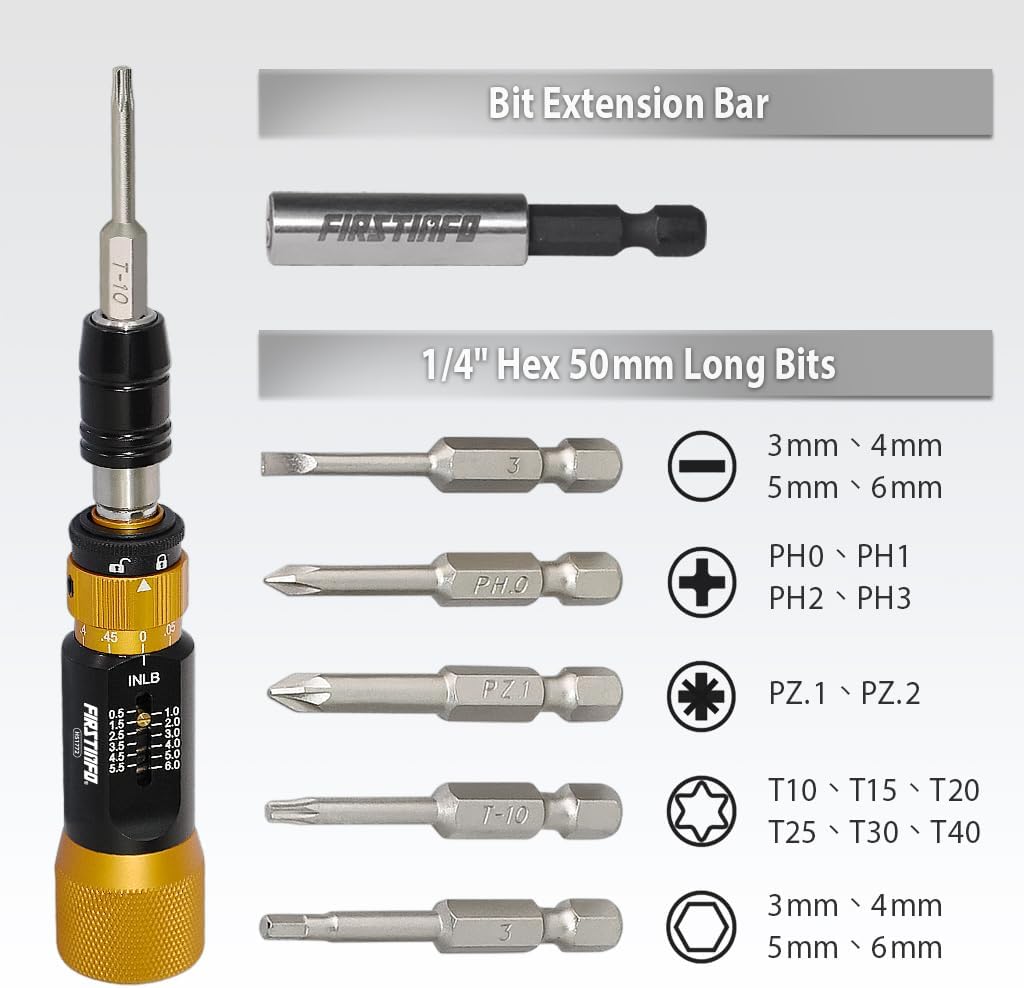 FIRSTINFO H51772Y1 Ultra Torque Limiting Screwdriver Set, 1/4 Inch Universal Hex Quick Release Bit Holder, Torque Range 0.5-6 in-lbs w/ 20 Pcs Screwdriver Bits & Extension Holder