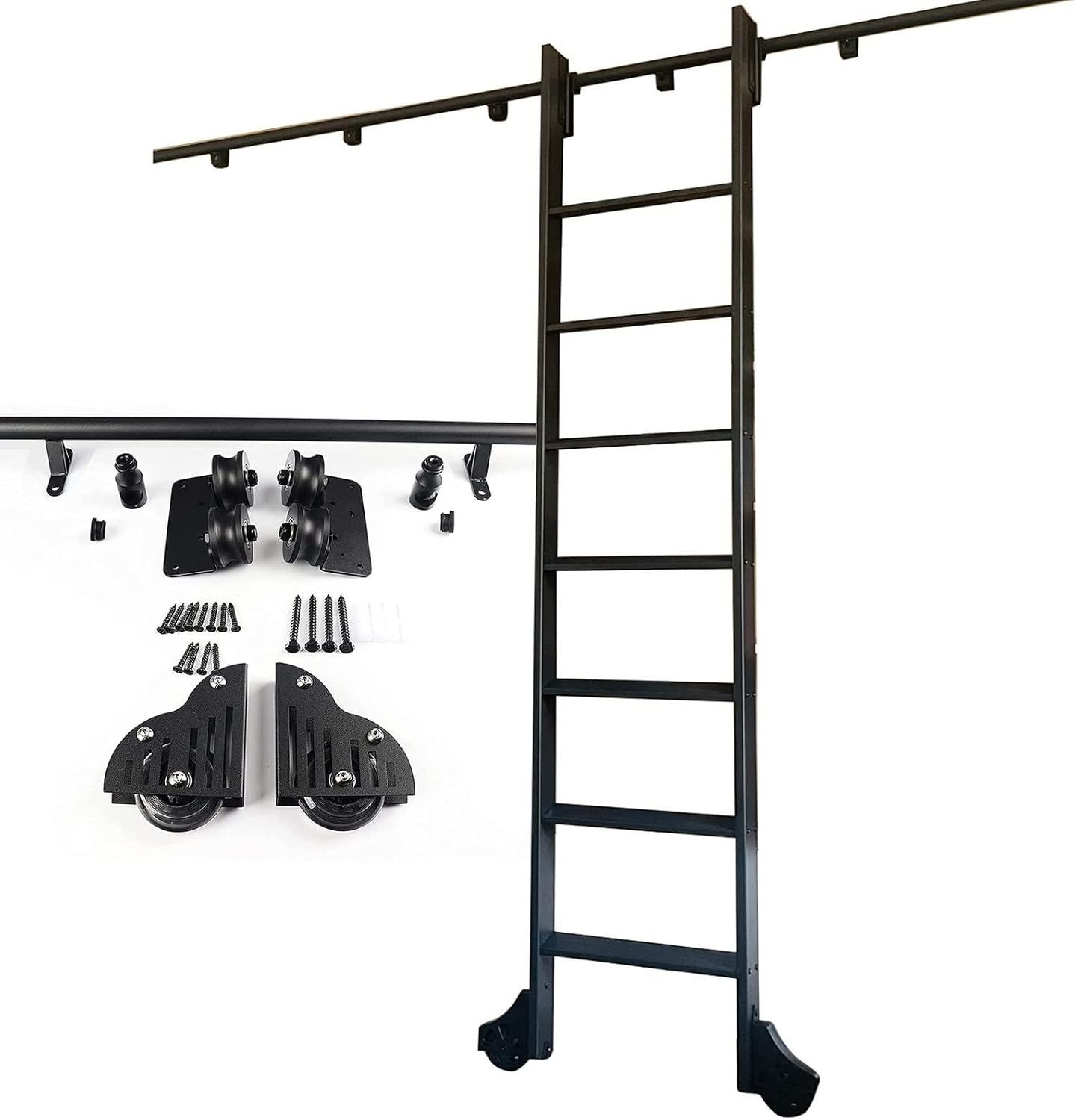 13ft Sliding Library Ladder Hardware Kit Adjustable Mobile Rolling Track for Home Office Black Round Tube with Floor Roller Wheels - Perfect for Bookshelves & Storage Solutions