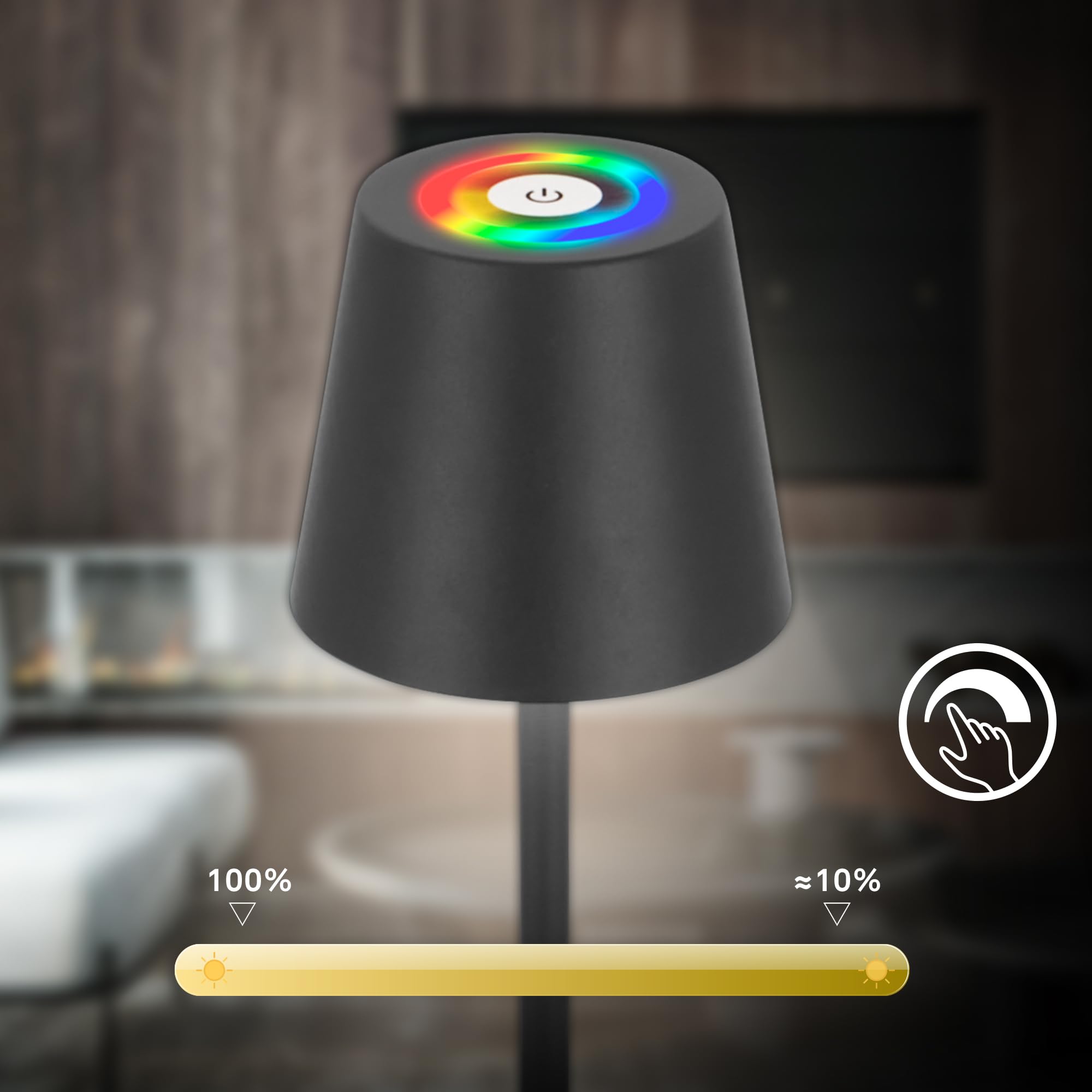 BRILONER - Lampada da terra LED RGBW senza fili con touch, dimmerabile all'infinito, batteria ricaricabile e sorgente luminosa intercambiabile, altezza 133 cm, nero