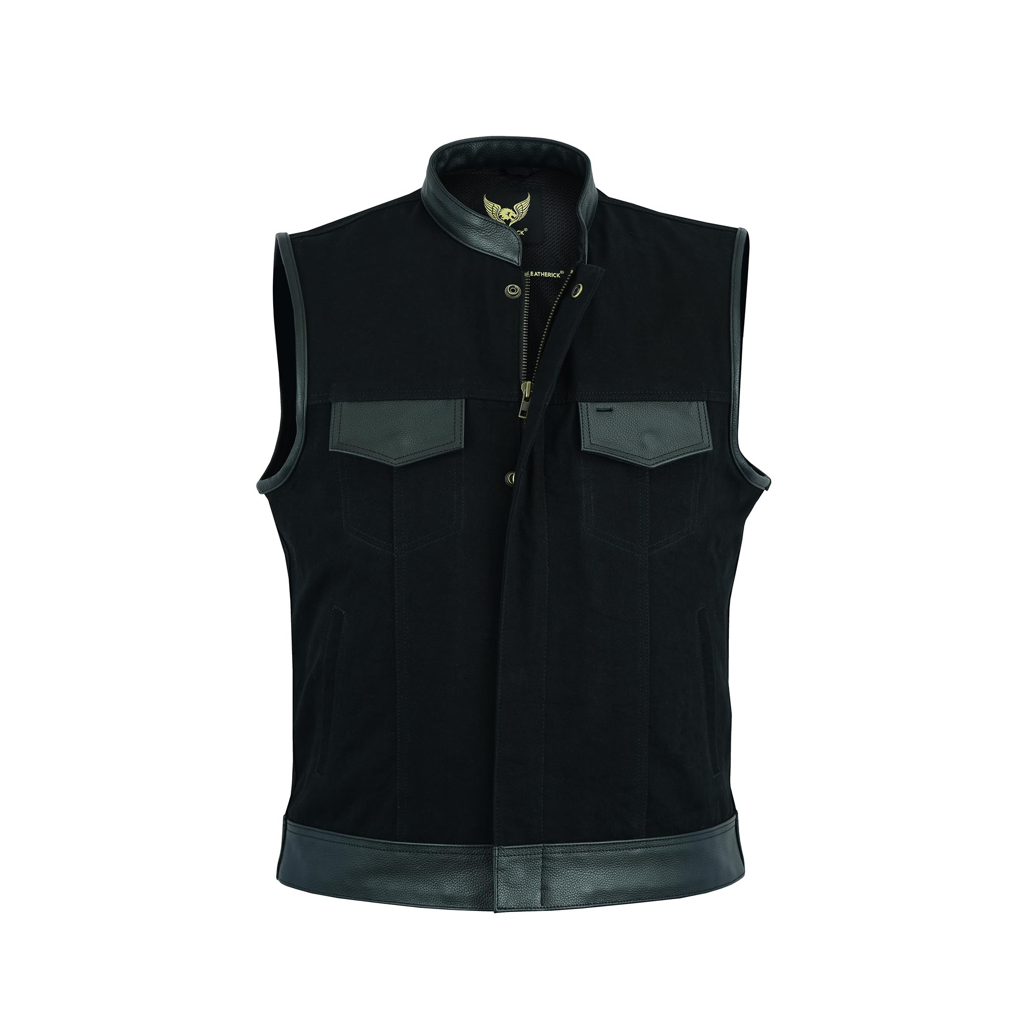 Black Anarchy Club Gilet de motard en denim avec bordures en cuir et poches profondes