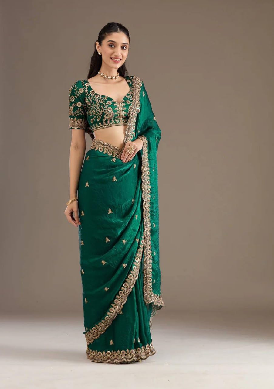 Indian Wedding Embroidered Silk Saree with Blouse, Gold Border, Bridal Wedding Wear
