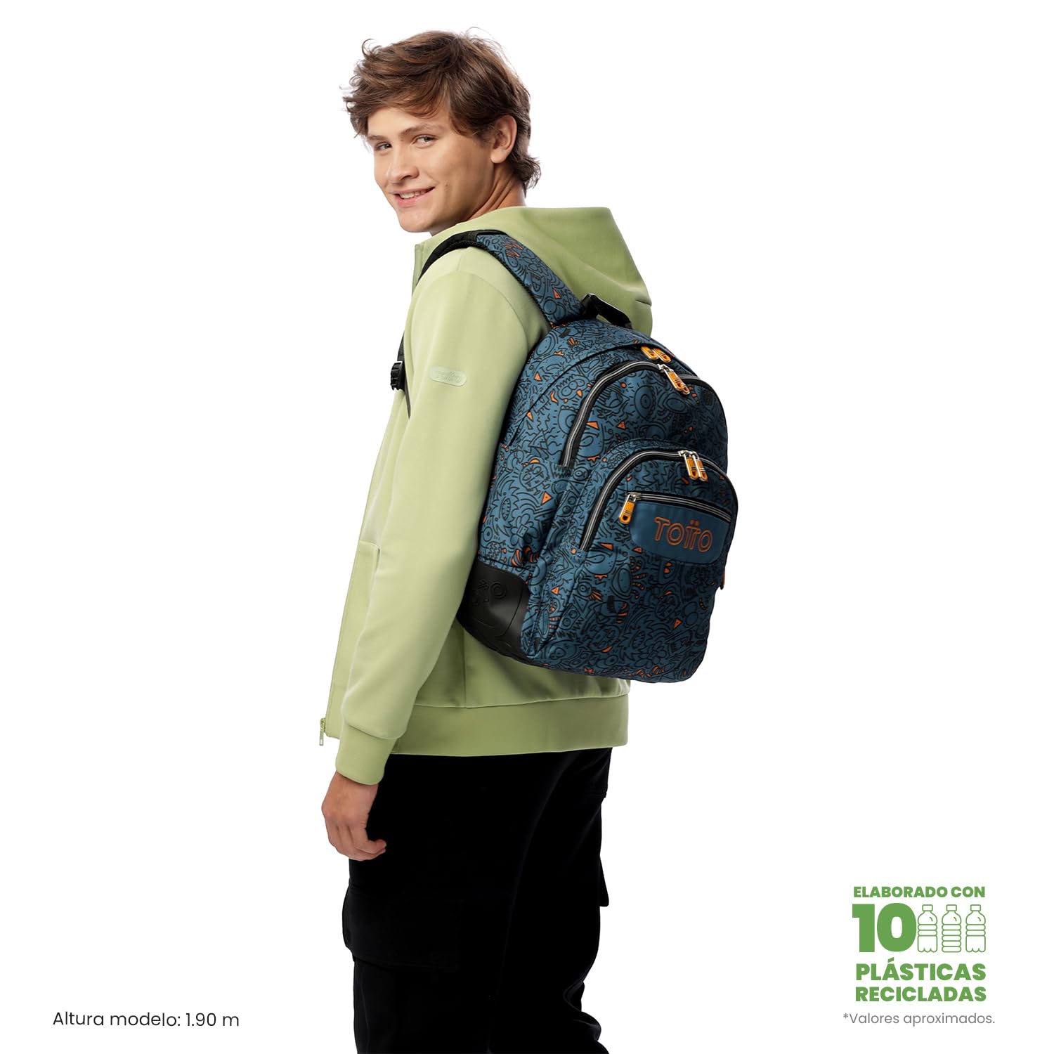 TOTTO - Mochila Escolar Grande, Modelo Rayol, Capacidad 19 L, 3 Compartimentos, 2 Bolsillos Botella, Bolsillo para PC 14", Espaldar Ergonómico con Flujo de Aire, Correas en S, Estampado Grafer