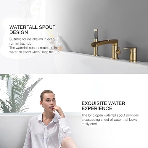 Miniatura 96 de TapLong Grifo de llenado de bañera en cascada con ducha de mano, juego de grifo de bañera romano generalizado, montaje en cubierta, 3 agujeros, Oro