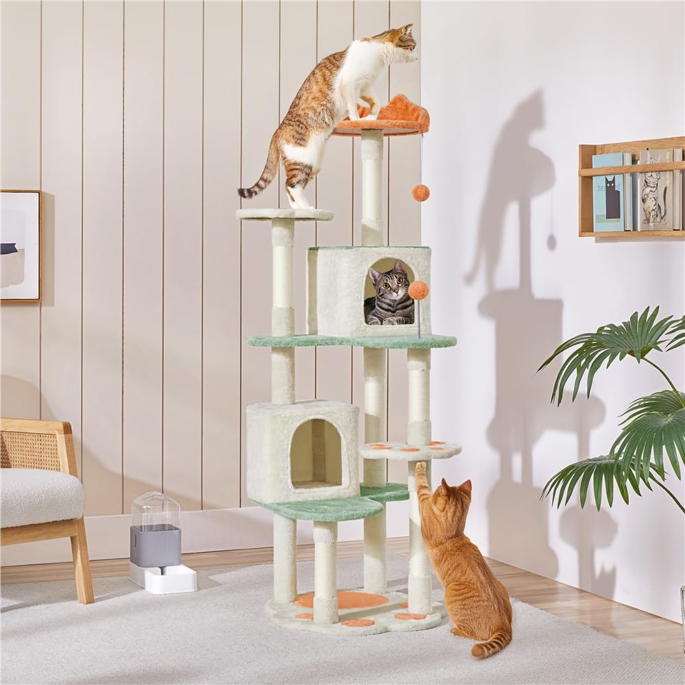 Yaheetech Albero Tiragraffi per Gatti 165 cm Cuccia per Gatto 2 Pompon, Piattaforma di riposo, Trespolo, Posatoio, Giocattoli Beige e Verde
