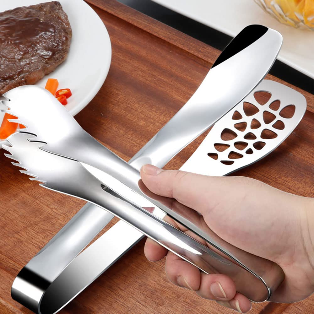 Pinze da Barbecue, 2 Modelli Pinza per Spaghetti, Pinza per Insalata, Pinze Cucina, per Pasta, Insalate, Carne Alla Griglia Lunghezza: 25 cm, Acciaio Inossidabile, Colore: Argento