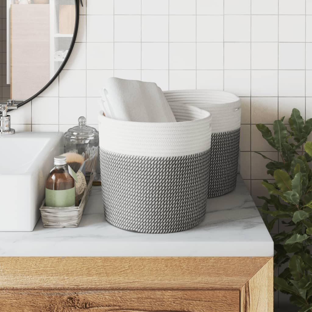 Aufbewahrungskörbe 2 Stk. Grau und Weiß Ø28x28 cm Baumwolle, Stoffkorb, Deko, Organizer, Ordnung für Wohnzimmer, Schlafzimmer, Bad, Regal, Schrank, Spielzeug, Wäsche