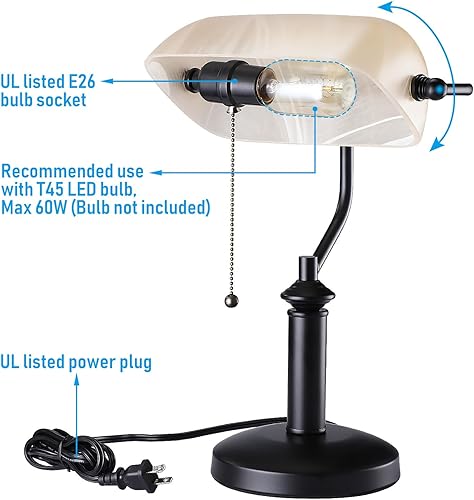 Miniatura 5 de TORCHSTAR Lámpara de escritorio de banqueros de vidrio esmerilado amarillo, con certificación UL, lámparas de escritorio antiguas con textura única,