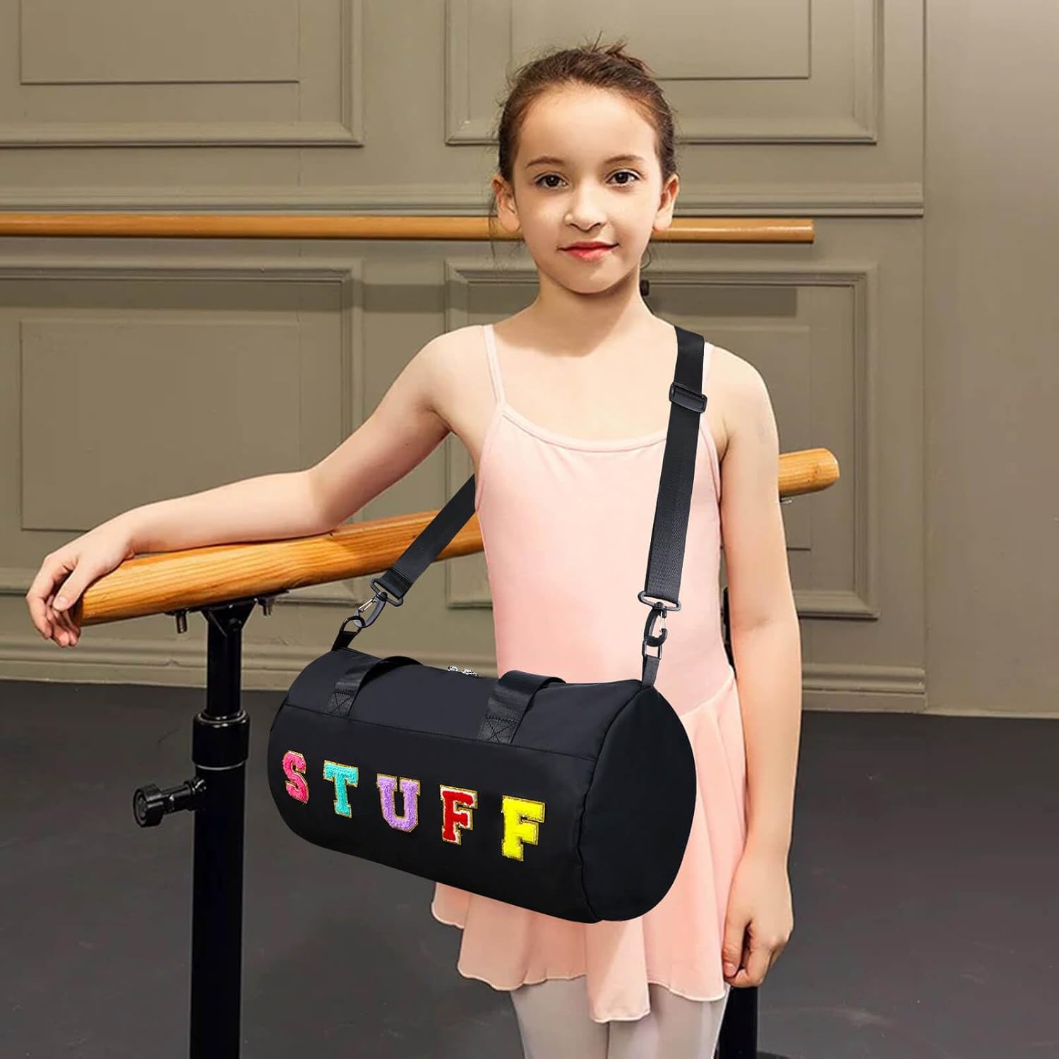 Chenille Letter Stuff Tote Bag 16 Inch, Small Gym Duffle Bag for Travel Dance Sports Workout Camping, Carry On Cheer Ballet Overnight Weekender Bags Birthday Gifts for Girls Kids Teens Women - Black - Image 6