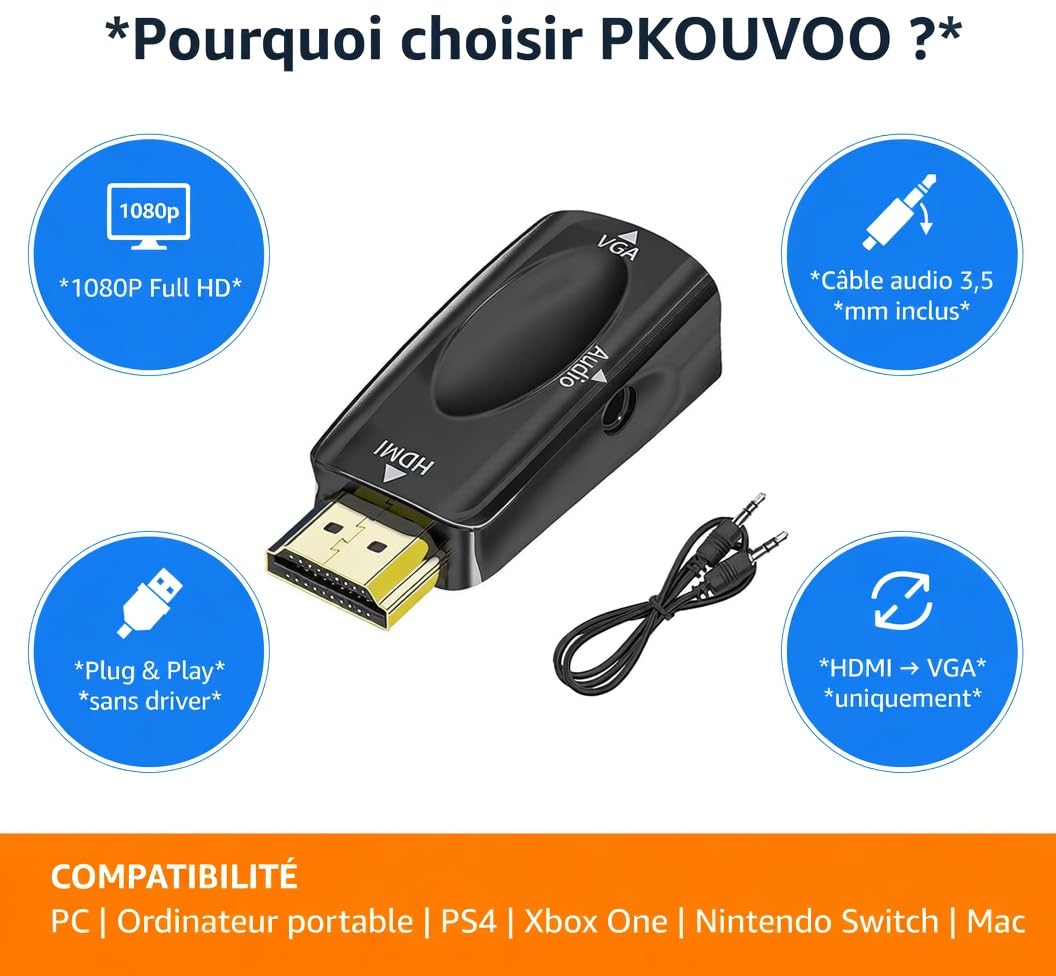 Adaptateur HDMI vers VGA Audio 3.5mm Convertisseur HDMI mâle VGA Femelle 1080p